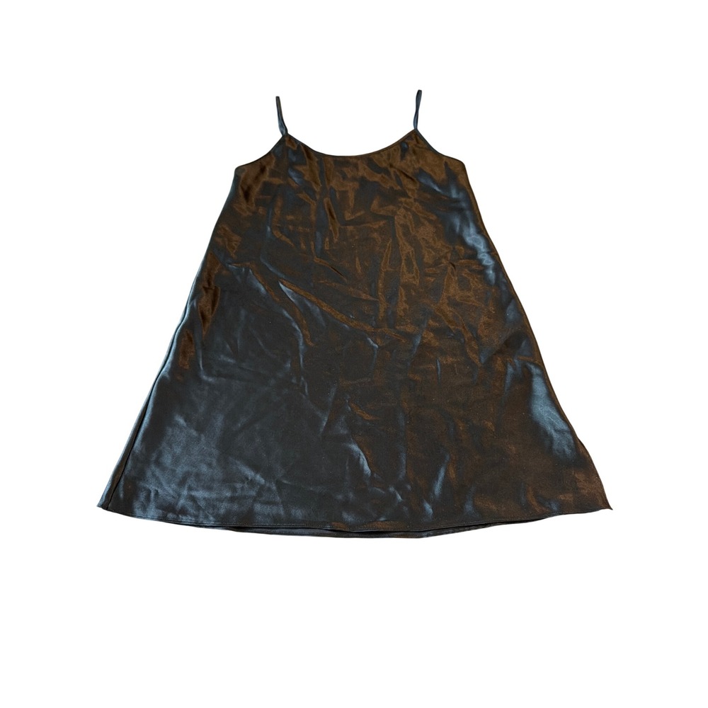 Valerie Stevens Black Satin Slip Dress Small Spaghetti Strap Side Slit